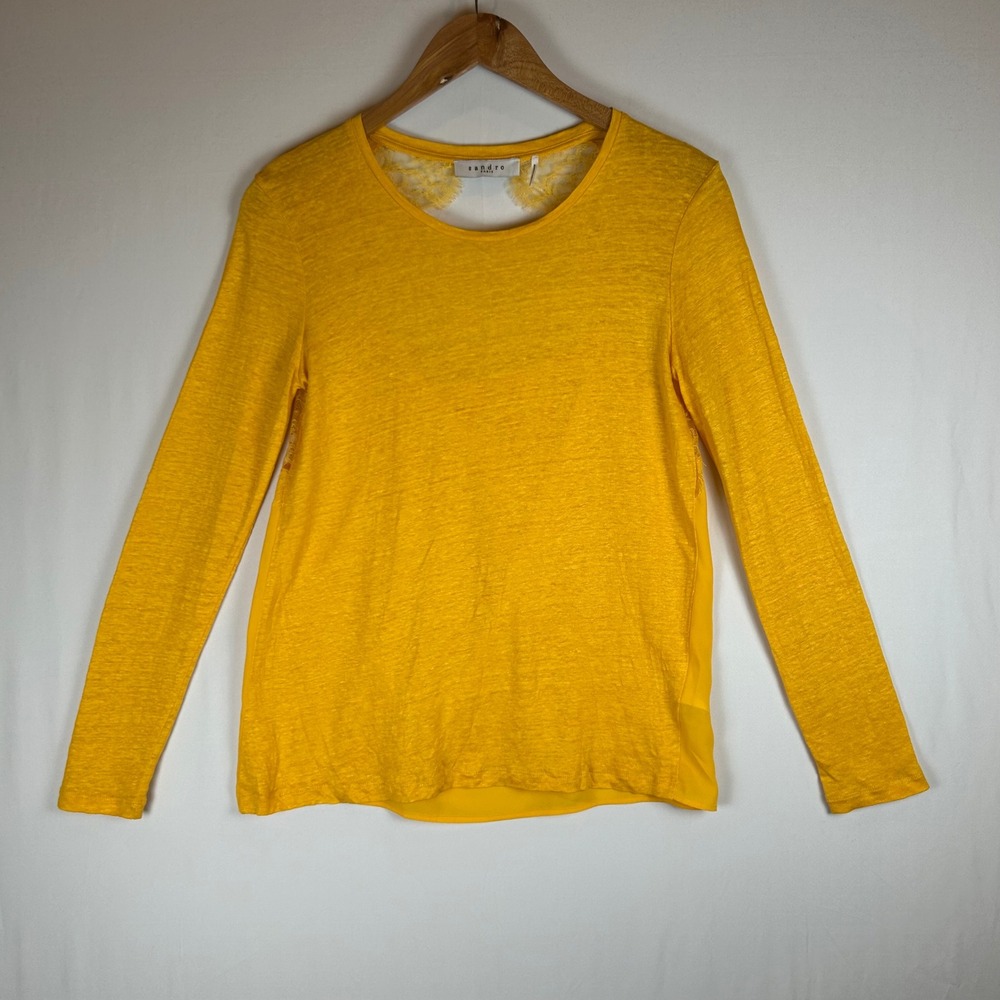 Sandro Paris Womens Yellow Linen Lace Back Long Sleeve Top Size 3 T9711E